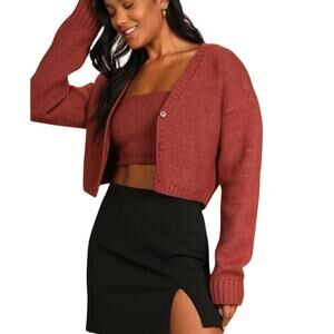 LULUS Twice as Cozy Rusty Rose Sweater Knit Cardigan and Tube Top Set XSMALL